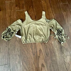 Martini Tan Cold Shoulder Fringe Crop Top Size Large NWT